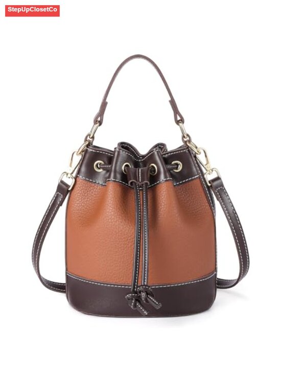 Handbags - Small Vegan Leather Bucket Bag Drawstring Crossbody Purse With Top Handle Hobo